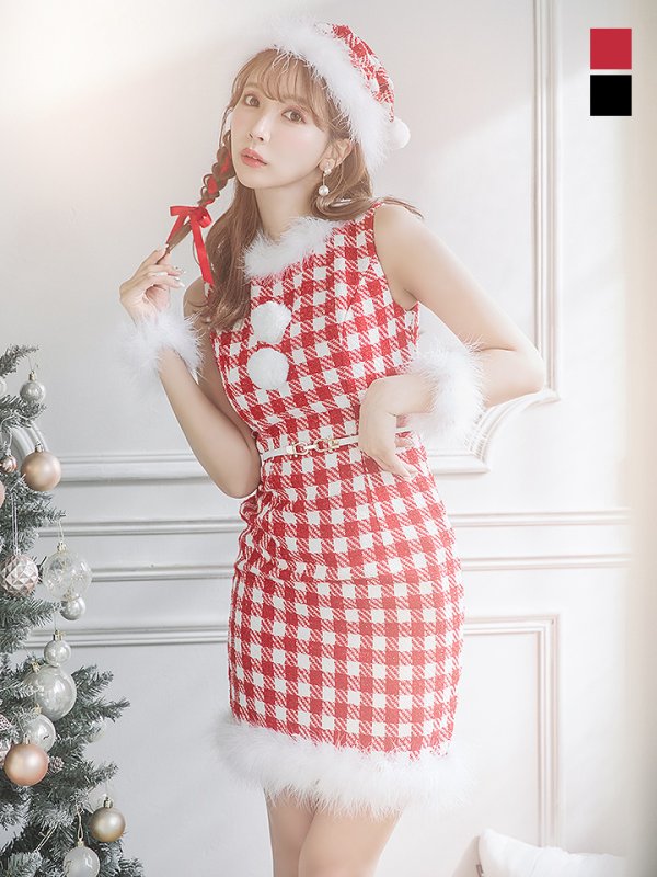 画像4: 【サンタコス 5点セット】【XS-XLサイズ/2カラー】ギンガムチェック タイトワンピースサンタコスプレ[YMT] (4)
