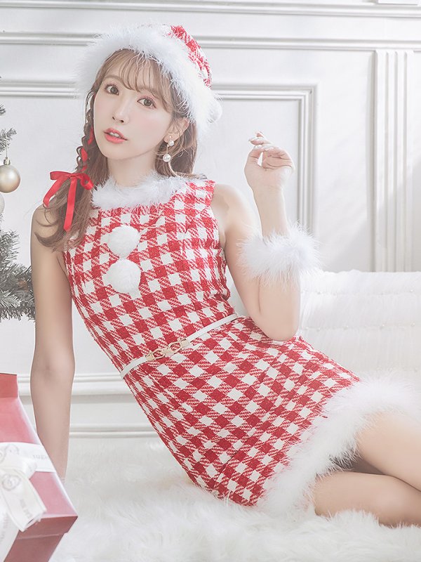 画像8: 【サンタコス 5点セット】【XS-XLサイズ/2カラー】ギンガムチェック タイトワンピースサンタコスプレ[YMT] (8)