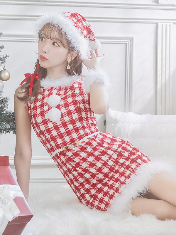 画像13: 【サンタコス 5点セット】【XS-XLサイズ/2カラー】ギンガムチェック タイトワンピースサンタコスプレ[YMT] (13)