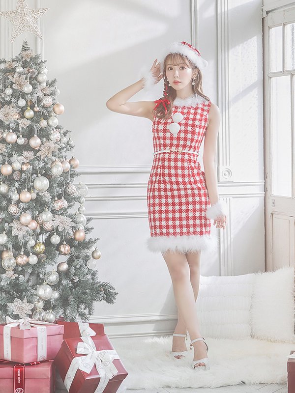 画像14: 【サンタコス 5点セット】【XS-XLサイズ/2カラー】ギンガムチェック タイトワンピースサンタコスプレ[YMT] (14)