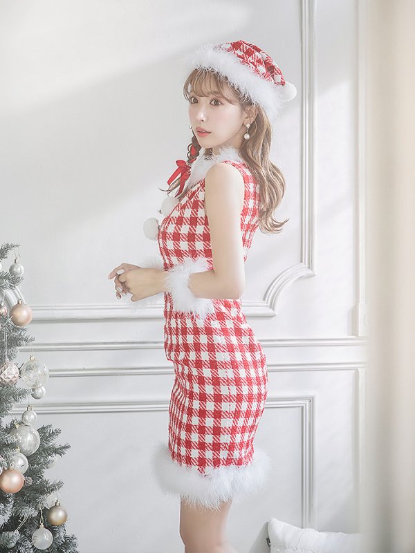 画像15: 【サンタコス 5点セット】【XS-XLサイズ/2カラー】ギンガムチェック タイトワンピースサンタコスプレ[YMT] (15)