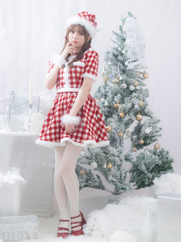 画像13: 【即日発送！】【サンタコス 5点セット】【XS-Lサイズ/2カラー】ギンガムチェックセットアップフレアサンタコスプレ[YMT] (13)