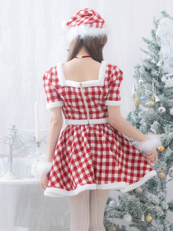 画像14: 【即日発送！】【サンタコス 5点セット】【XS-Lサイズ/2カラー】ギンガムチェックセットアップフレアサンタコスプレ[YMT] (14)
