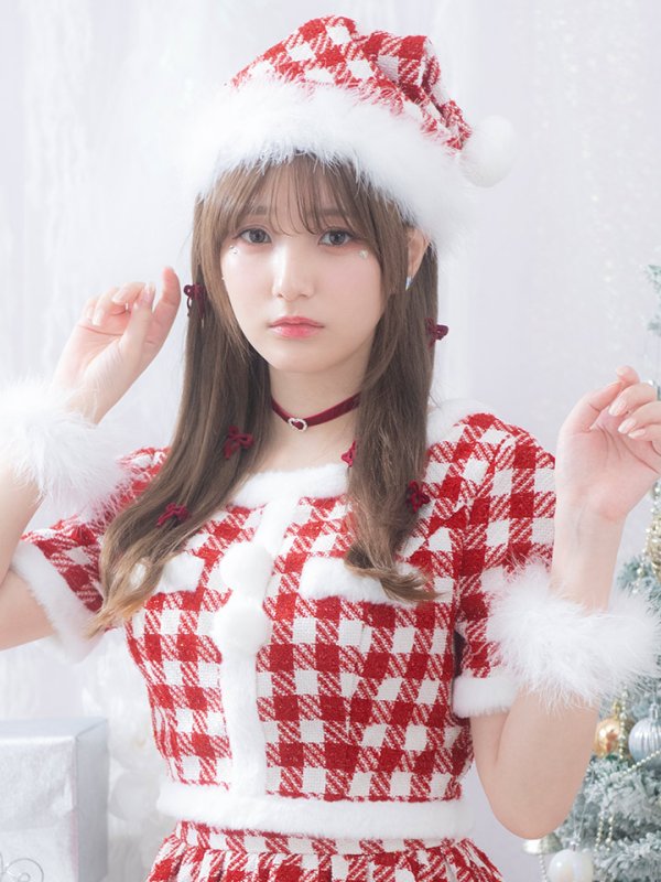 画像15: 【即日発送！】【サンタコス 5点セット】【XS-Lサイズ/2カラー】ギンガムチェックセットアップフレアサンタコスプレ[YMT] (15)