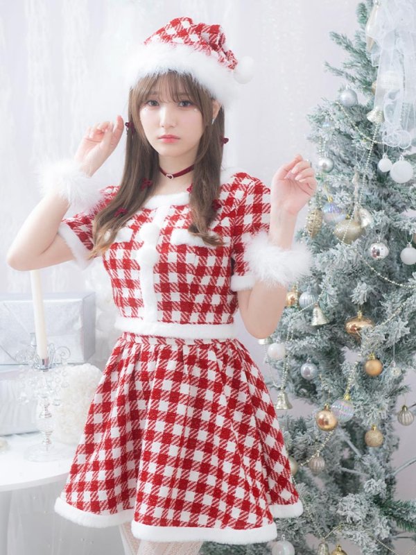 画像5: 【即日発送！】【サンタコス 5点セット】【XS-Lサイズ/2カラー】ギンガムチェックセットアップフレアサンタコスプレ[YMT] (5)