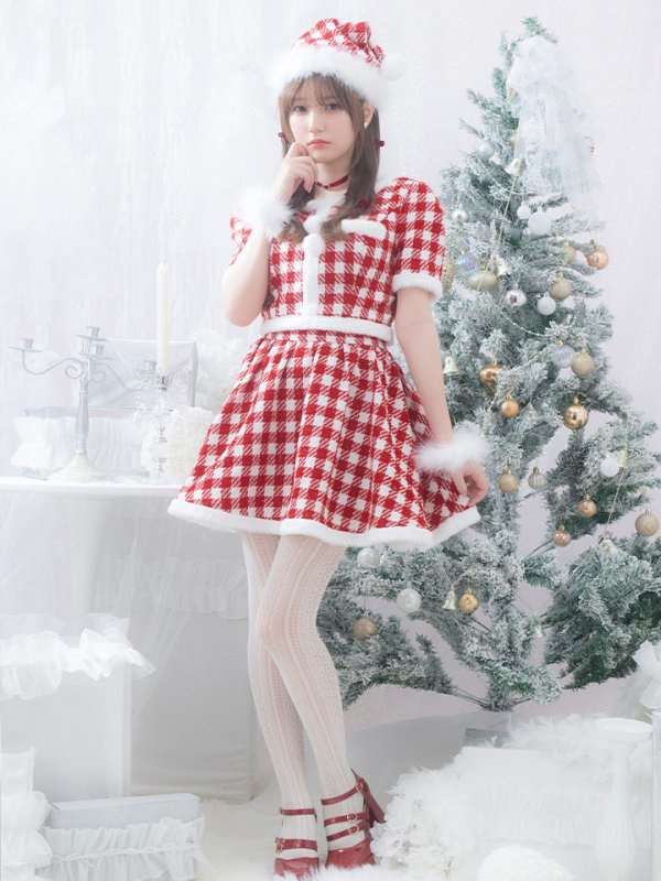 画像6: 【即日発送！】【サンタコス 5点セット】【XS-Lサイズ/2カラー】ギンガムチェックセットアップフレアサンタコスプレ[YMT] (6)