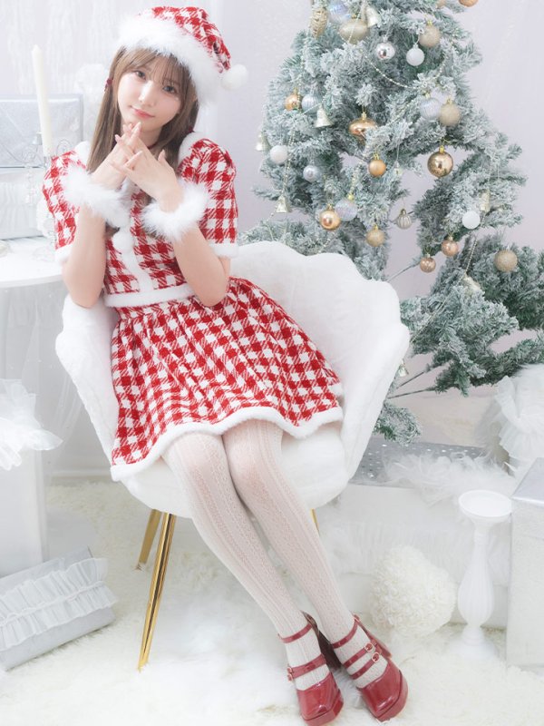 画像9: 【即日発送！】【サンタコス 5点セット】【XS-Lサイズ/2カラー】ギンガムチェックセットアップフレアサンタコスプレ[YMT] (9)