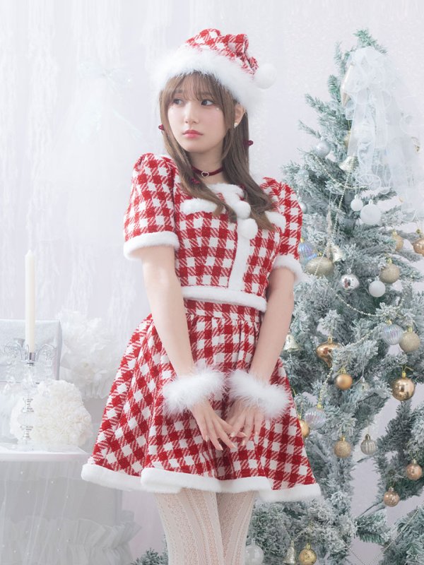 画像12: 【即日発送！】【サンタコス 5点セット】【XS-Lサイズ/2カラー】ギンガムチェックセットアップフレアサンタコスプレ[YMT] (12)