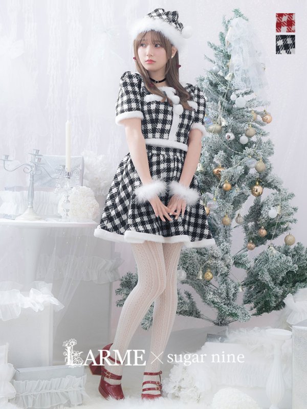 画像2: 【即日発送！】【サンタコス 5点セット】【XS-Lサイズ/2カラー】ギンガムチェックセットアップフレアサンタコスプレ[YMT] (2)