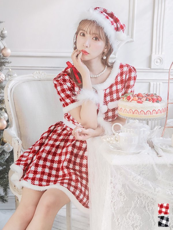 画像3: 【即日発送！】【サンタコス 5点セット】【XS-Lサイズ/2カラー】ギンガムチェック セットアップフレアサンタコスプレ[YMT] (3)
