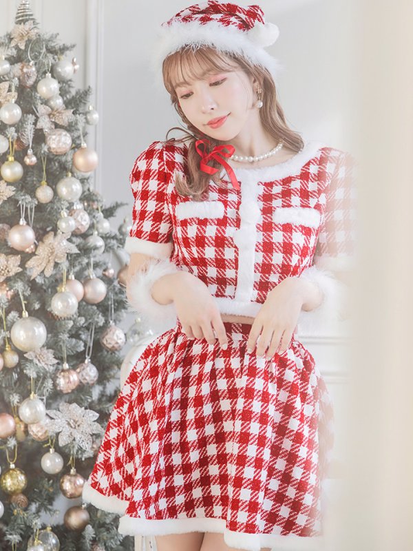 画像8: 【即日発送！】【サンタコス 5点セット】【XS-Lサイズ/2カラー】ギンガムチェック セットアップフレアサンタコスプレ[YMT] (8)