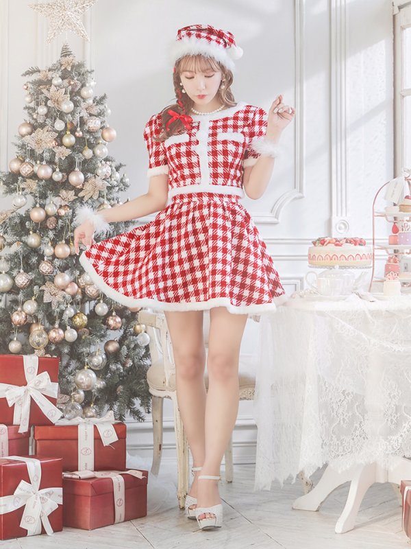 画像9: 【即日発送！】【サンタコス 5点セット】【XS-Lサイズ/2カラー】ギンガムチェック セットアップフレアサンタコスプレ[YMT] (9)