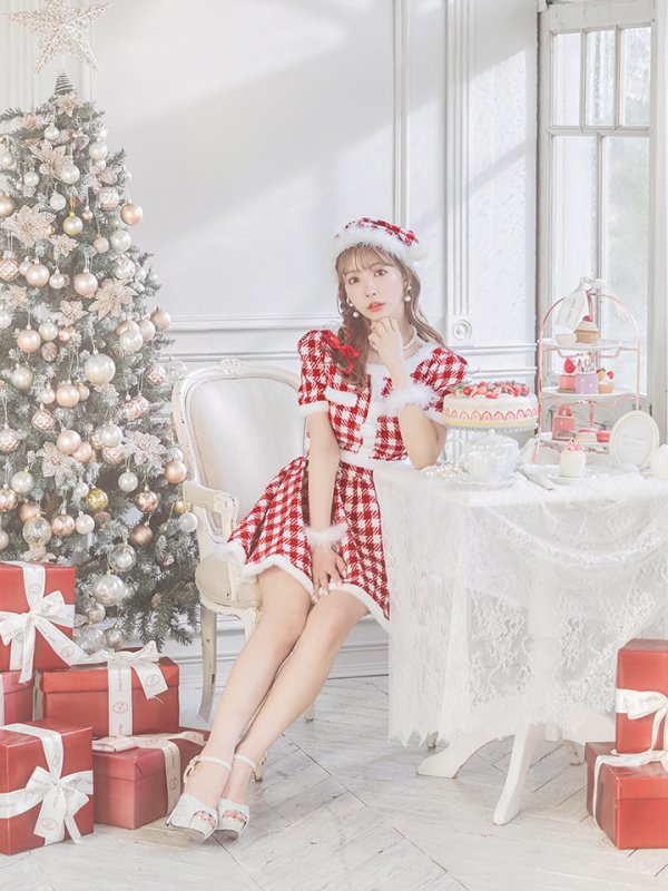 画像10: 【即日発送！】【サンタコス 5点セット】【XS-Lサイズ/2カラー】ギンガムチェック セットアップフレアサンタコスプレ[YMT] (10)