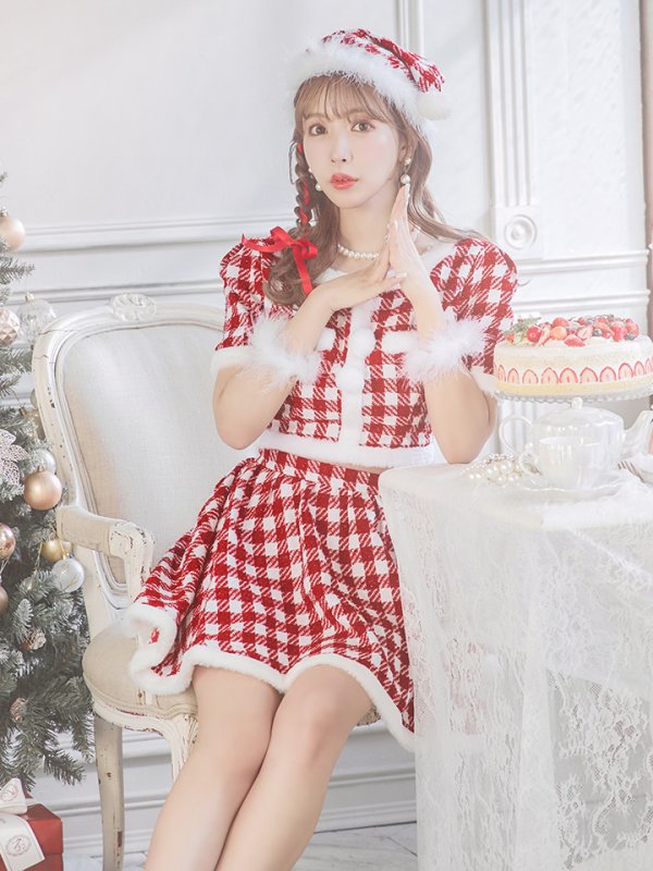 画像11: 【即日発送！】【サンタコス 5点セット】【XS-Lサイズ/2カラー】ギンガムチェック セットアップフレアサンタコスプレ[YMT] (11)