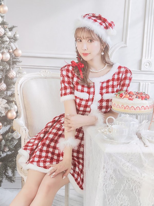 画像6: 【即日発送！】【サンタコス 5点セット】【XS-Lサイズ/2カラー】ギンガムチェック セットアップフレアサンタコスプレ[YMT] (6)