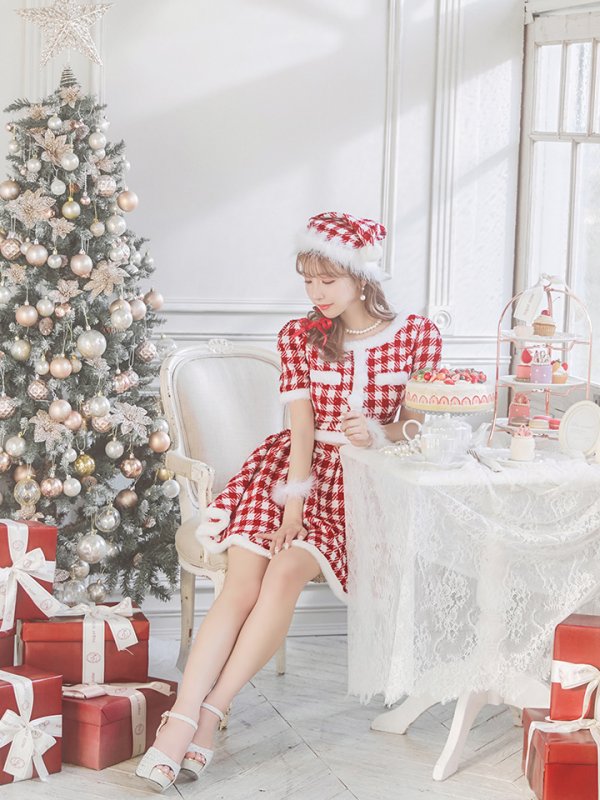 画像13: 【即日発送！】【サンタコス 5点セット】【XS-Lサイズ/2カラー】ギンガムチェック セットアップフレアサンタコスプレ[YMT] (13)