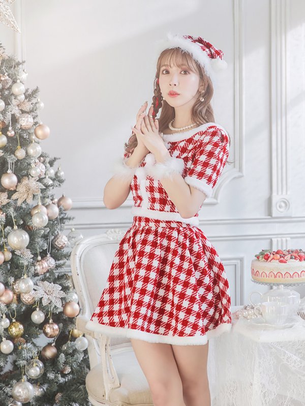 画像7: 【即日発送！】【サンタコス 5点セット】【XS-Lサイズ/2カラー】ギンガムチェック セットアップフレアサンタコスプレ[YMT] (7)