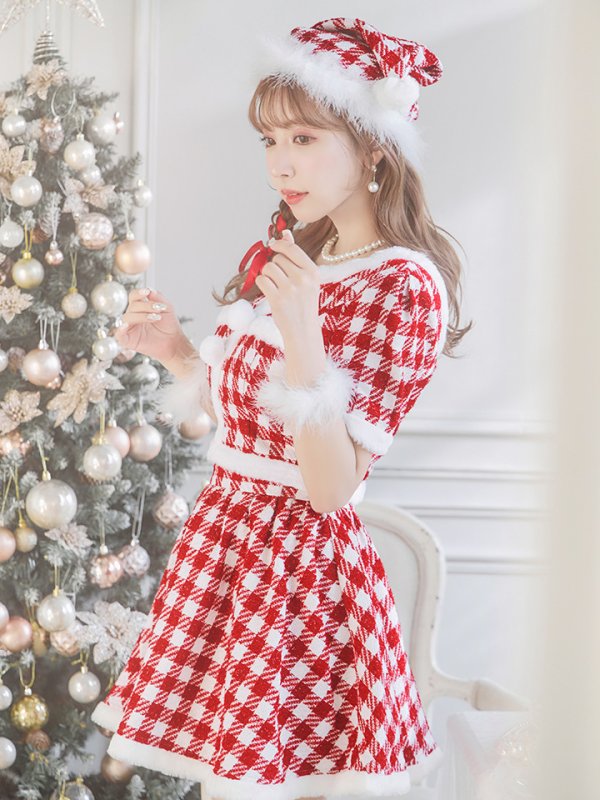 画像15: 【即日発送！】【サンタコス 5点セット】【XS-Lサイズ/2カラー】ギンガムチェック セットアップフレアサンタコスプレ[YMT] (15)