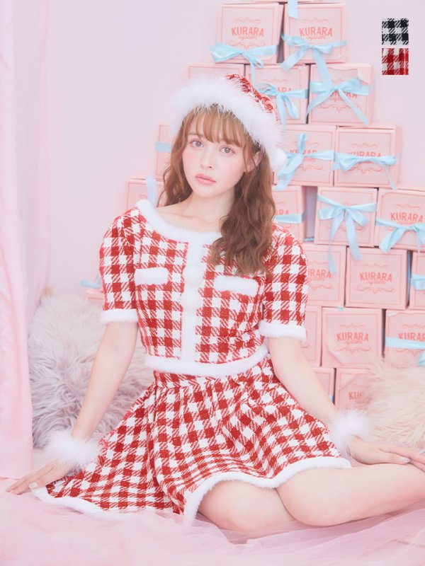 画像2: 【即日発送！】【サンタコス 5点セット】【XS-Lサイズ/2カラー】ギンガムチェック セットアップフレアコスプレ[OF01] (2)