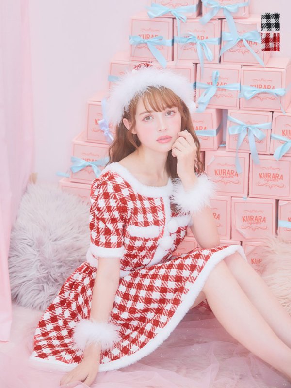 画像3: 【即日発送！】【サンタコス 5点セット】【XS-Lサイズ/2カラー】ギンガムチェック セットアップフレアコスプレ[OF01] (3)