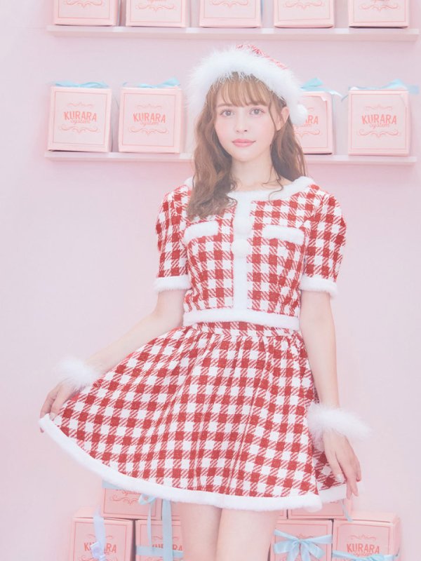 画像4: 【即日発送！】【サンタコス 5点セット】【XS-Lサイズ/2カラー】ギンガムチェック セットアップフレアコスプレ[OF01] (4)
