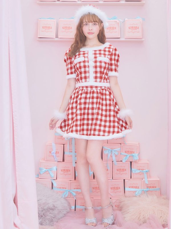画像5: 【即日発送！】【サンタコス 5点セット】【XS-Lサイズ/2カラー】ギンガムチェック セットアップフレアコスプレ[OF01] (5)