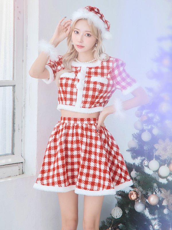 画像4: 【サンタコス 5点セット】【XS-Lサイズ/2カラー】ギンガムチェック セットアップフレアサンタコスプレ[OF01] (4)