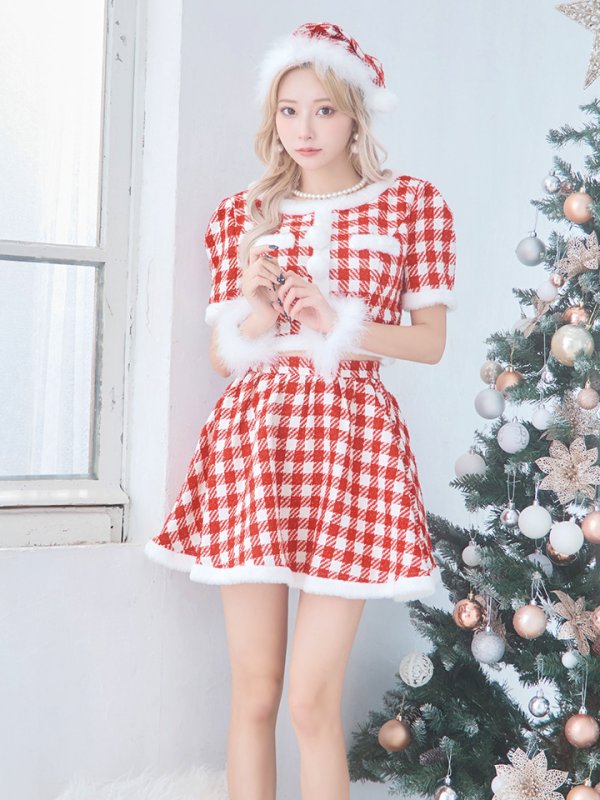 画像7: 【サンタコス 5点セット】【XS-Lサイズ/2カラー】ギンガムチェック セットアップフレアサンタコスプレ[OF01] (7)