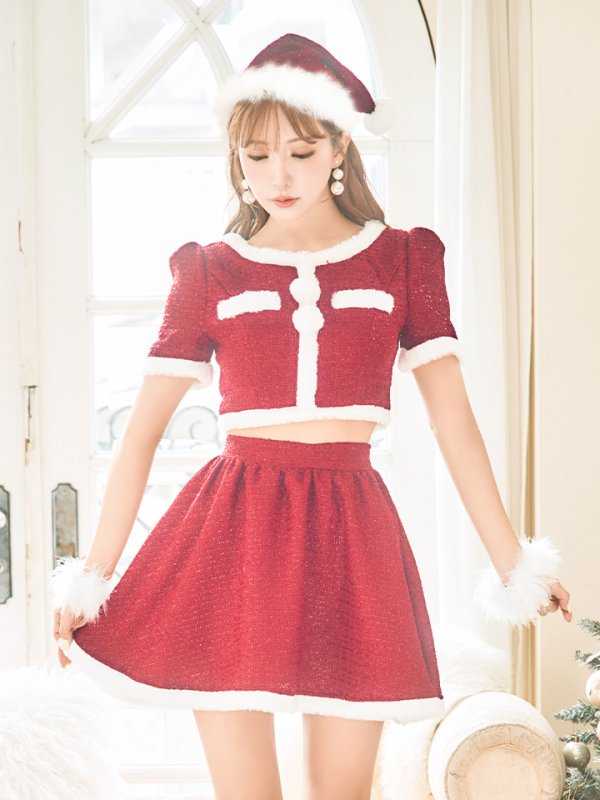 画像4: 【サンタコス 5点セット】【XS-Lサイズ/2カラー】ラメツイードセットアップサンタ[YMT] (4)