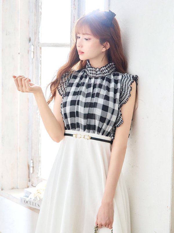 画像8: SALE!ギンガムチェックフレアーワンピース/ベルト/Aライン/ショートスリーブ/谷間隠し/背中隠し/ミディアムドレス/キャバドレス 【S-Mサイズ/2カラー】[HC02] 【SB】dzj (8)
