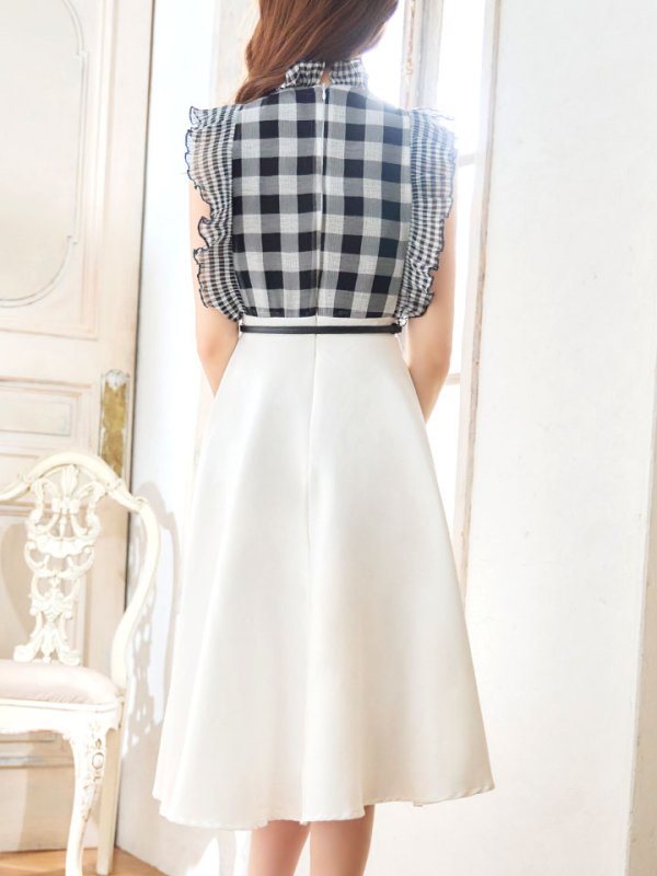 画像15: SALE!ギンガムチェックフレアーワンピース/ベルト/Aライン/ショートスリーブ/谷間隠し/背中隠し/ミディアムドレス/キャバドレス 【S-Mサイズ/2カラー】[HC02] 【SB】dzj (15)