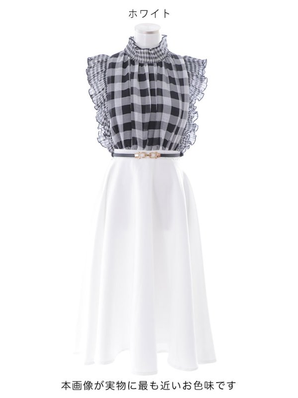 画像16: SALE!ギンガムチェックフレアーワンピース/ベルト/Aライン/ショートスリーブ/谷間隠し/背中隠し/ミディアムドレス/キャバドレス 【S-Mサイズ/2カラー】[HC02] 【SB】dzj (16)