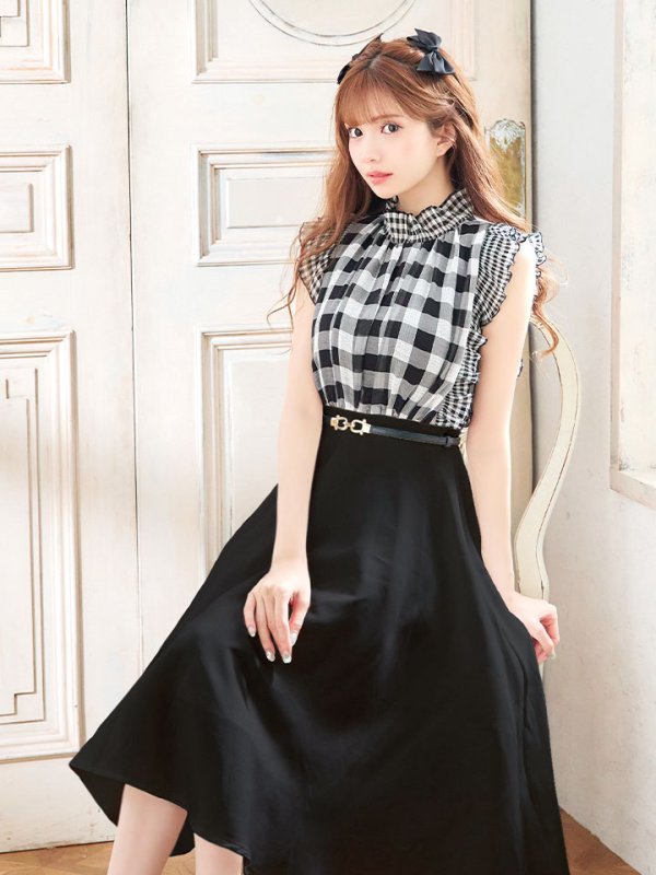画像12: SALE!ギンガムチェックフレアーワンピース/ベルト/Aライン/ショートスリーブ/谷間隠し/背中隠し/ミディアムドレス/キャバドレス 【S-Mサイズ/2カラー】[HC02] 【SB】dzj (12)