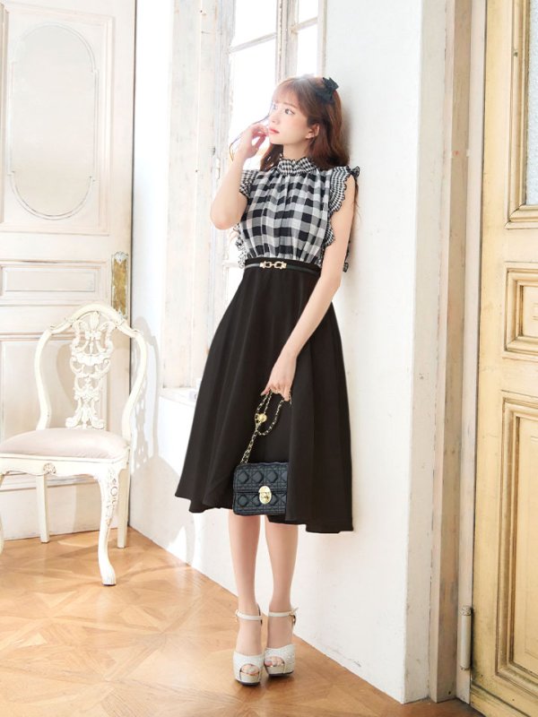 画像10: SALE!ギンガムチェックフレアーワンピース/ベルト/Aライン/ショートスリーブ/谷間隠し/背中隠し/ミディアムドレス/キャバドレス 【S-Mサイズ/2カラー】[HC02] 【SB】dzj (10)