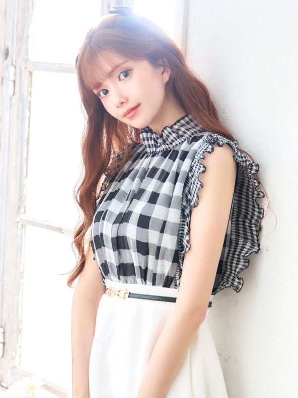 画像4: SALE!ギンガムチェックフレアーワンピース/ベルト/Aライン/ショートスリーブ/谷間隠し/背中隠し/ミディアムドレス/キャバドレス 【S-Mサイズ/2カラー】[HC02] 【SB】dzj (4)