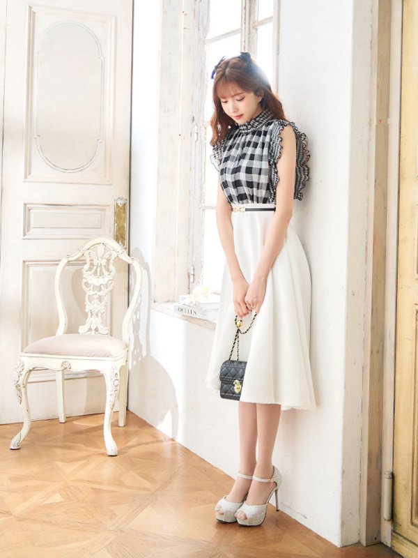 画像5: SALE!ギンガムチェックフレアーワンピース/ベルト/Aライン/ショートスリーブ/谷間隠し/背中隠し/ミディアムドレス/キャバドレス 【S-Mサイズ/2カラー】[HC02] 【SB】dzj (5)