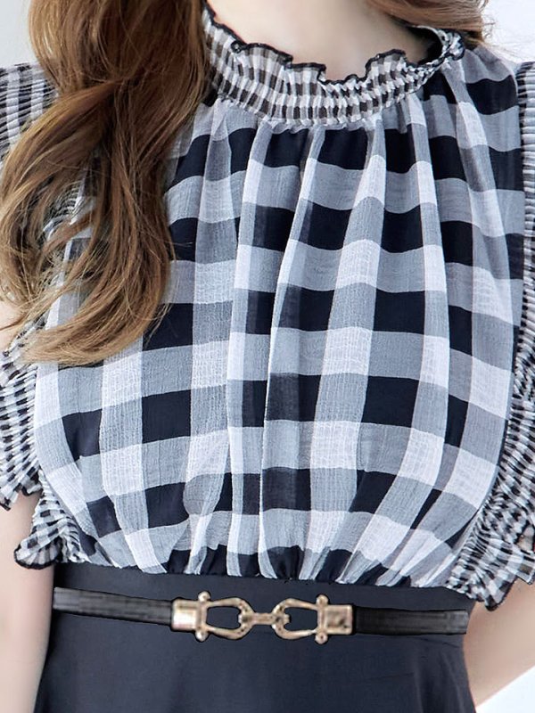 画像5: SALE!ギンガムチェックフレアーワンピース/ベルト/Aライン/ショートスリーブ/谷間隠し/背中隠し/ミディアムドレス/キャバドレス 【S-Mサイズ/2カラー】[HC02] 【SB】dzj (5)