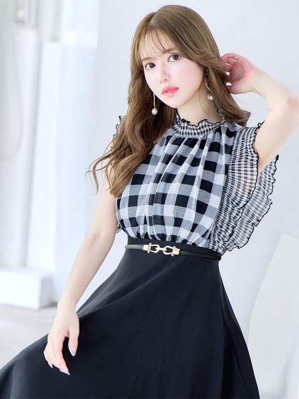 画像8: SALE!ギンガムチェックフレアーワンピース/ベルト/Aライン/ショートスリーブ/谷間隠し/背中隠し/ミディアムドレス/キャバドレス 【S-Mサイズ/2カラー】[HC02] 【SB】dzj (8)