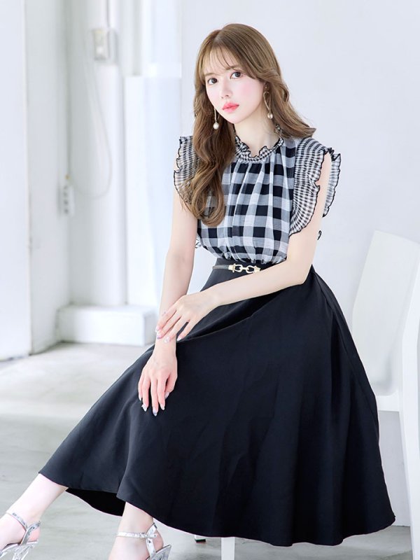 画像9: SALE!ギンガムチェックフレアーワンピース/ベルト/Aライン/ショートスリーブ/谷間隠し/背中隠し/ミディアムドレス/キャバドレス 【S-Mサイズ/2カラー】[HC02] 【SB】dzj (9)