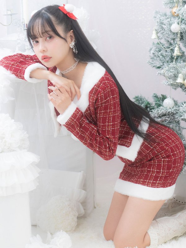 画像3: 【サンタセール！】【サンタコス 6点セット】【XS-Lサイズ/1カラー】ツイードジャケットチェックセットアップサンタコスプレ[YMT] (3)