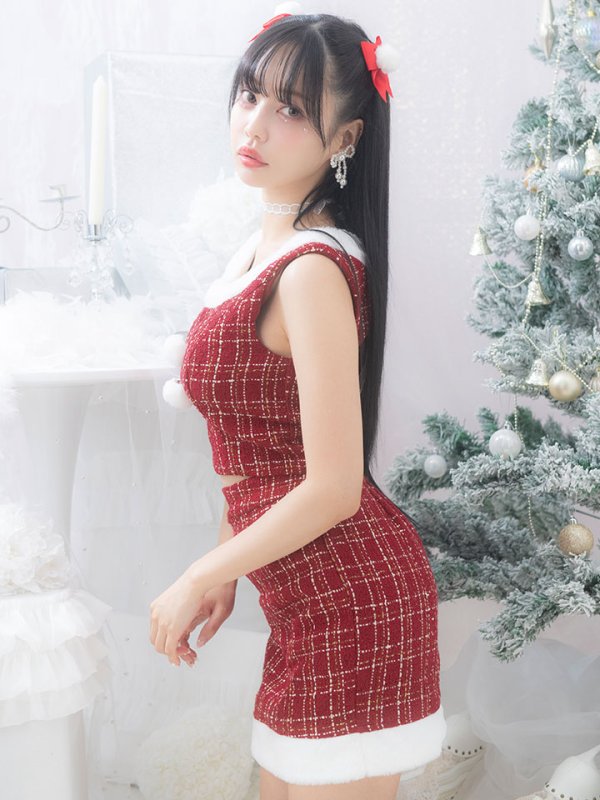 画像7: 【サンタセール！】【サンタコス 6点セット】【XS-Lサイズ/1カラー】ツイードジャケットチェックセットアップサンタコスプレ[YMT] (7)