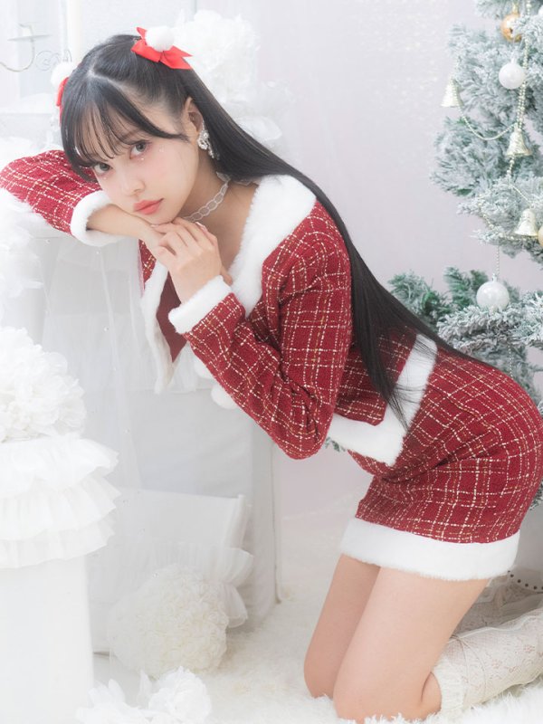画像9: 【サンタセール！】【サンタコス 6点セット】【XS-Lサイズ/1カラー】ツイードジャケットチェックセットアップサンタコスプレ[YMT] (9)