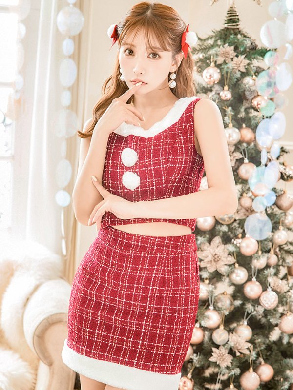 画像4: 【サンタセール！】【サンタコス 6点セット】【XS-Lサイズ/1カラー】ツイードジャケットチェックセットアップサンタコスプレ[YMT] (4)