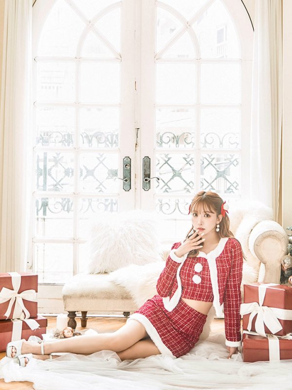 画像7: 【サンタセール！】【サンタコス 6点セット】【XS-Lサイズ/1カラー】ツイードジャケットチェックセットアップサンタコスプレ[YMT] (7)