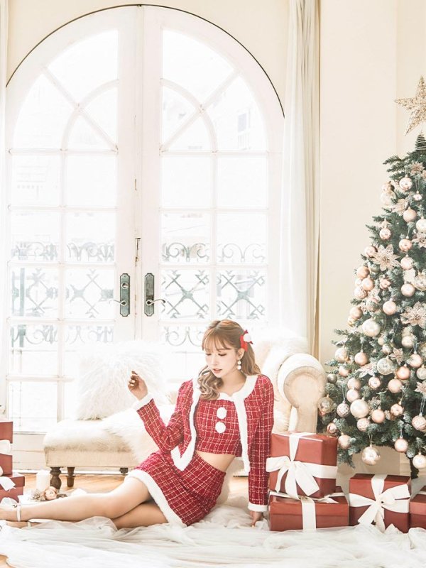 画像14: 【サンタセール！】【サンタコス 6点セット】【XS-Lサイズ/1カラー】ツイードジャケットチェックセットアップサンタコスプレ[YMT] (14)