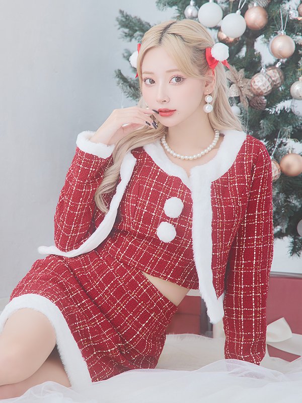 画像20: 【サンタセール！】【サンタコス 6点セット】【XS-Lサイズ/1カラー】ツイードジャケットチェックセットアップサンタコスプレ[YMT] (20)