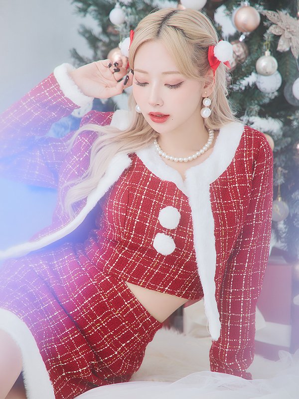 画像24: 【サンタセール！】【サンタコス 6点セット】【XS-Lサイズ/1カラー】ツイードジャケットチェックセットアップサンタコスプレ[YMT] (24)