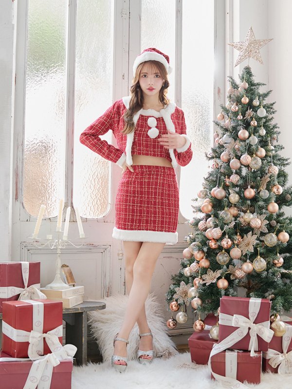 画像4: 【サンタセール！】【サンタコス 6点セット】【XS-Lサイズ/1カラー】ツイードジャケットチェックセットアップサンタコスプレ[OF01] (4)