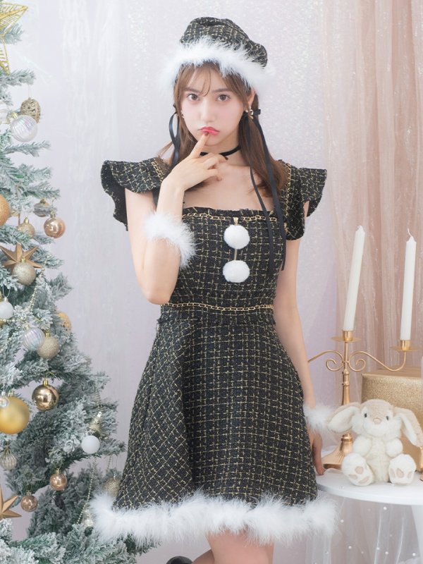 画像3: 【サンタセール！】【サンタコス 4点セット】【S-Lサイズ/2カラー】チェーンモチーフフロントジップツイードフレアサンタコスプレ[YMT] (3)