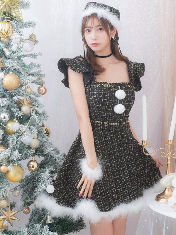 画像8: 【サンタセール！】【サンタコス 4点セット】【S-Lサイズ/2カラー】チェーンモチーフフロントジップツイードフレアサンタコスプレ[YMT] (8)